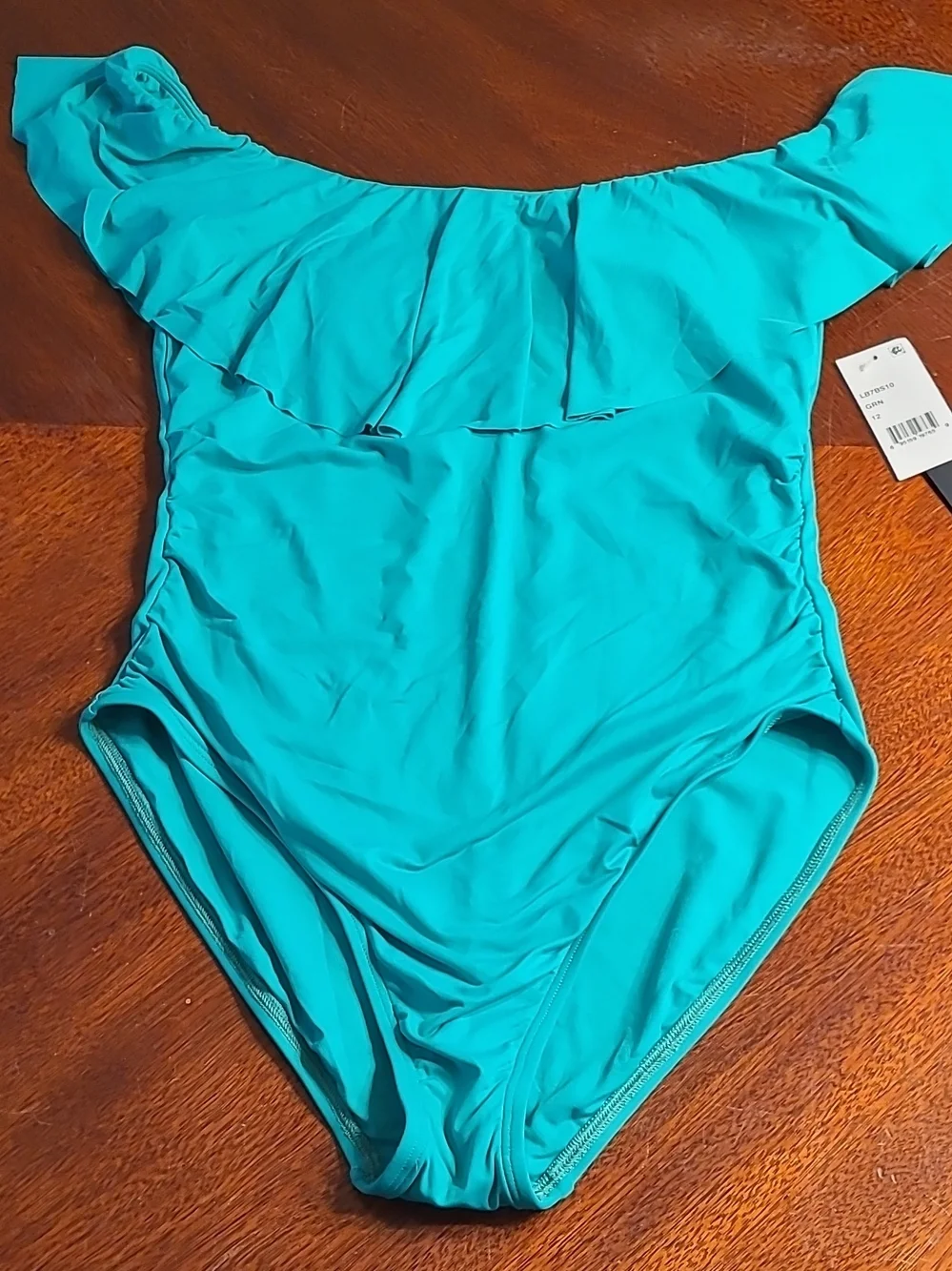 NWT La Blanca Off-the-shoulder Ruffle One-Piece Swimsuit Green Size 12 LB7BS10
